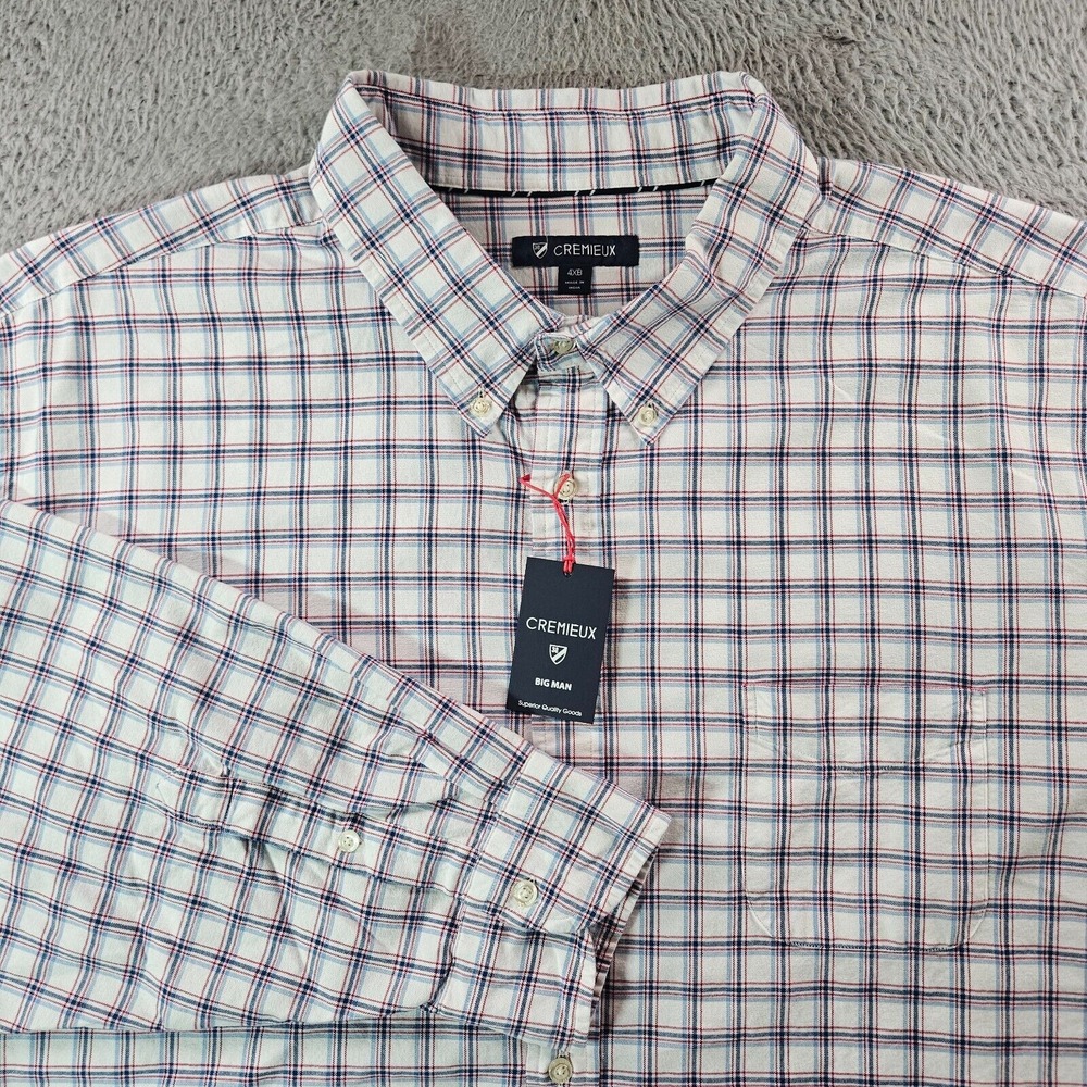 NWT Cremieux Button Shirt Men 4XB Long Sleeve White Blue Red Plaid Cotton